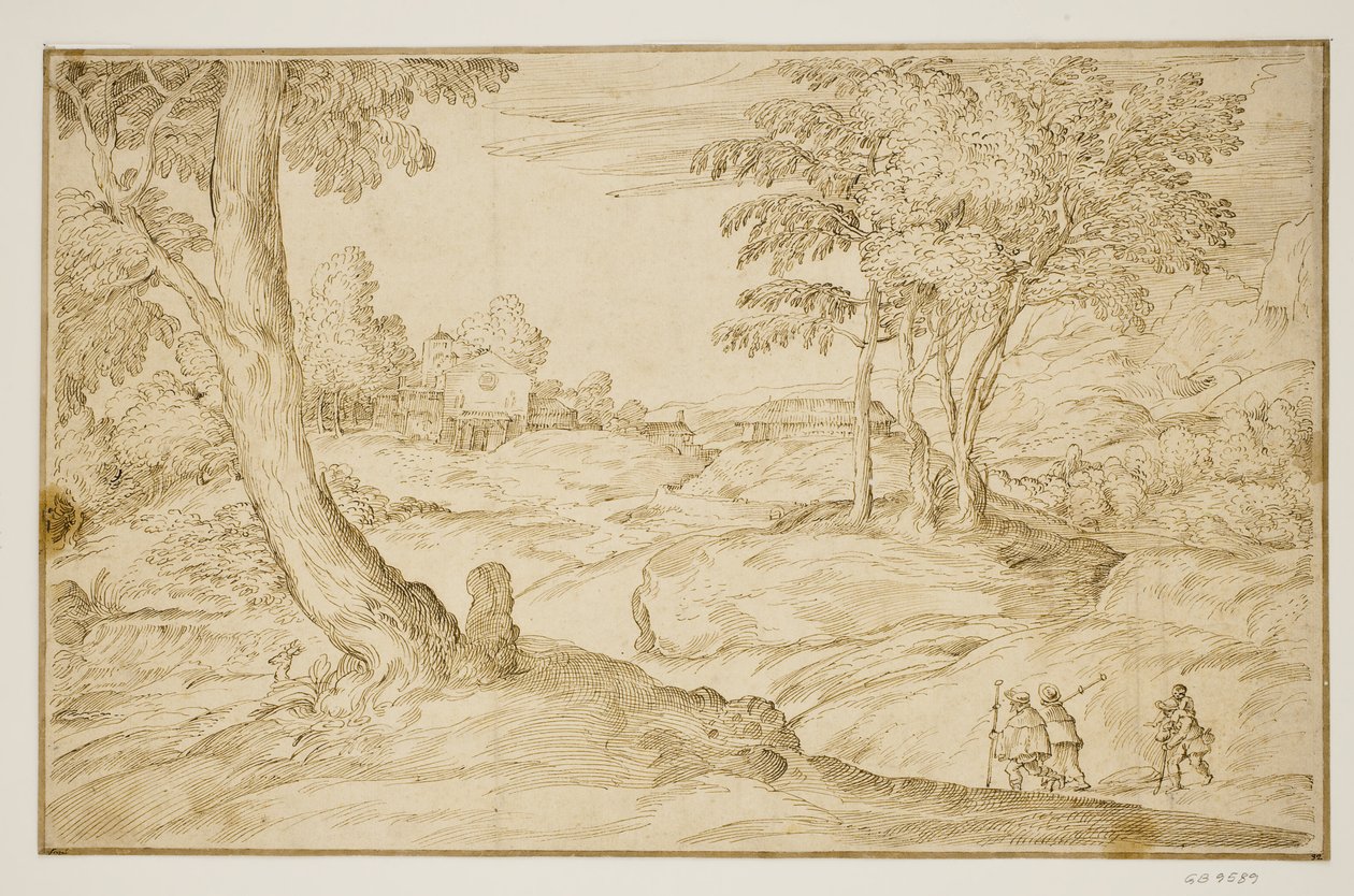 Landscape with Pilgrims Approaching a Church by Domenico Campagnola