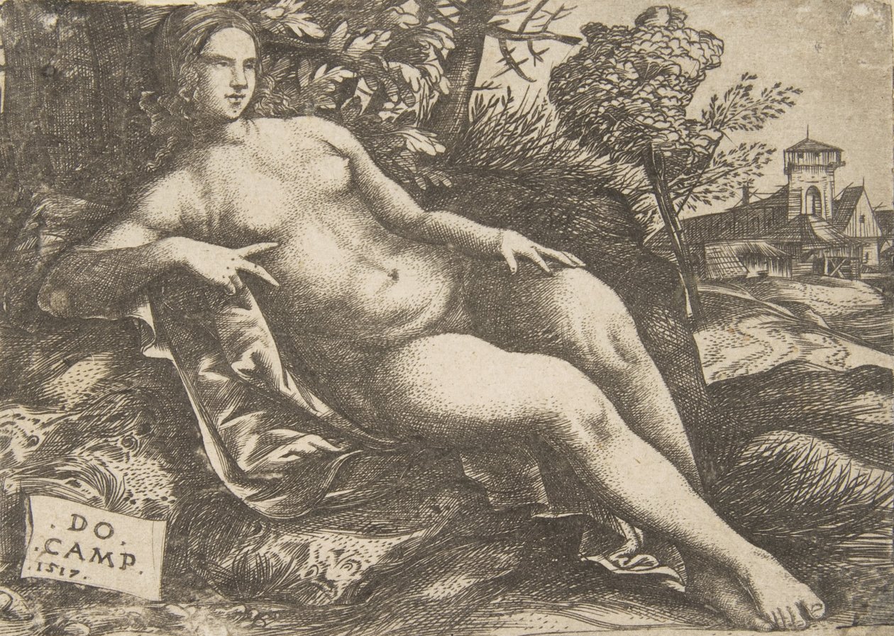 Nude Woman Venus Reclining in a Landscape by Domenico Campagnola