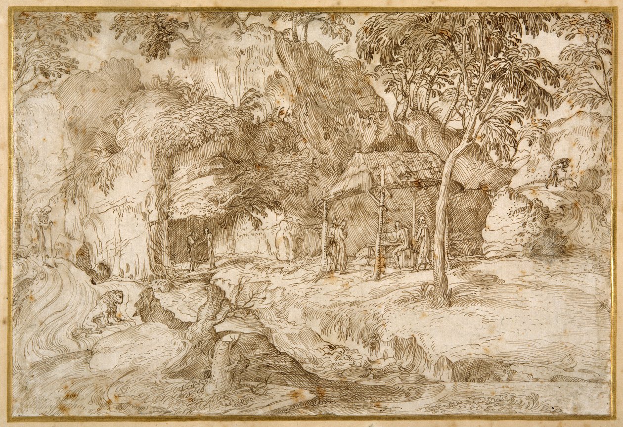 Pilgrims visiting St Jerome in the wilderness by Domenico Campagnola
