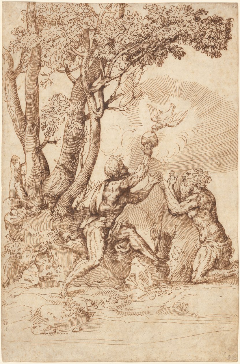The Hermit Saints Paul and Anthony Receiving Bread from a Dove by Domenico Campagnola