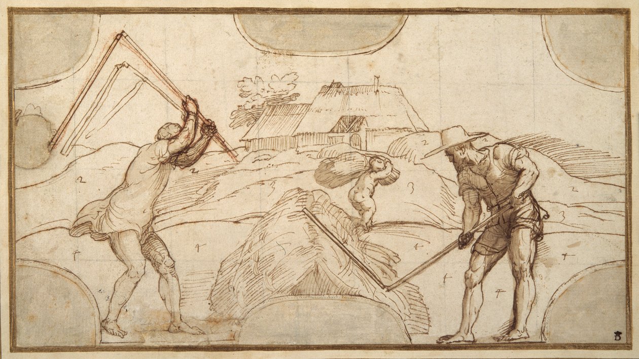 Two peasants threshing by Domenico Campagnola