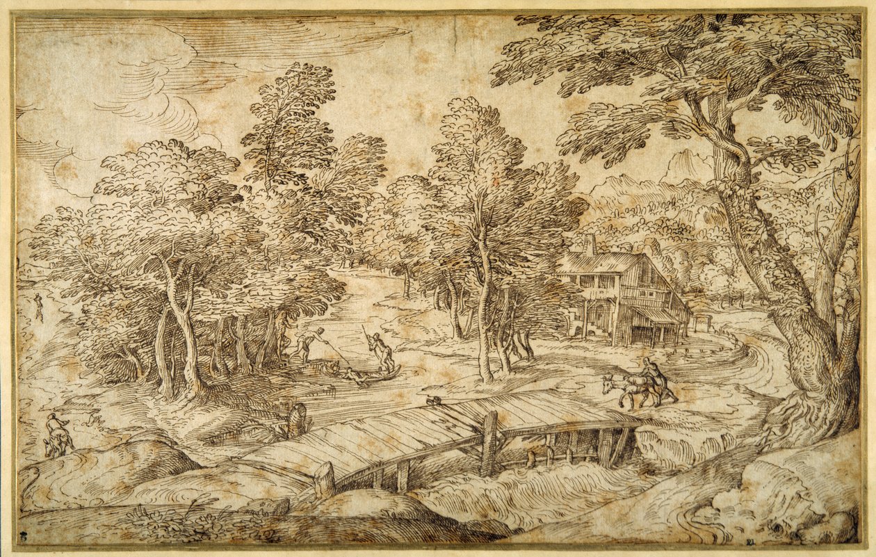Wooded landscape with a farmstead and a wooden bridge over a sluice by Domenico Campagnola