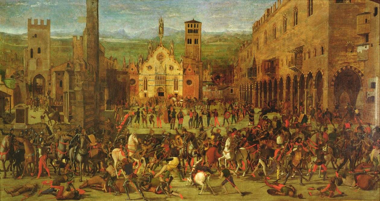 Expulsion of the Bonacolsi by Louis Gonzaga in 1328, in Piazza Sordello, Mantua by Domenico Morone