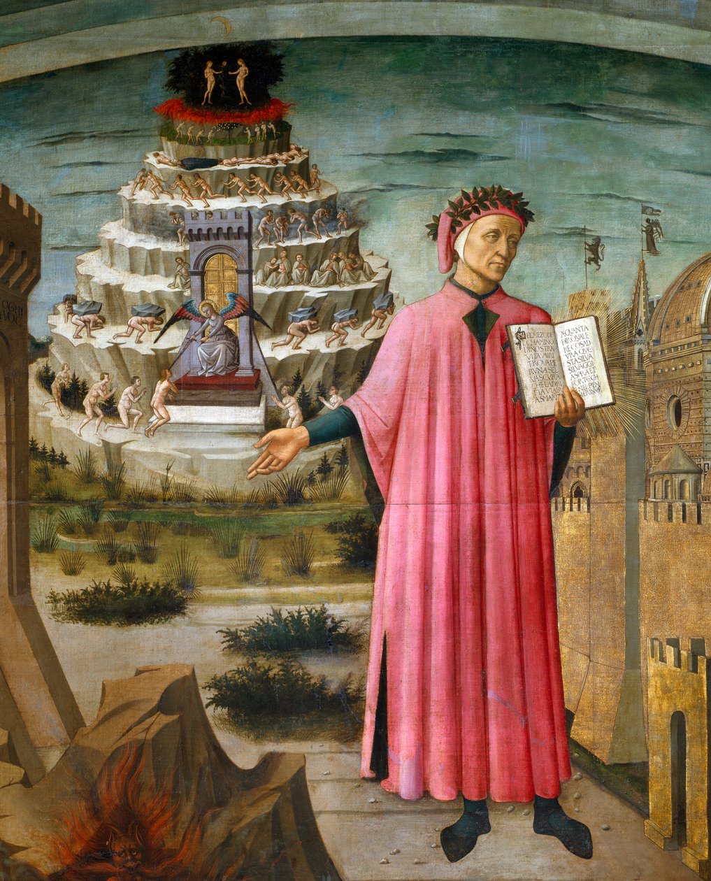 Dante Alighieri holding his poem the Divine Comedy. Near by him, hell, and the city of Florence, in the background the Purgatory and Paradise by Domenico di Michelino