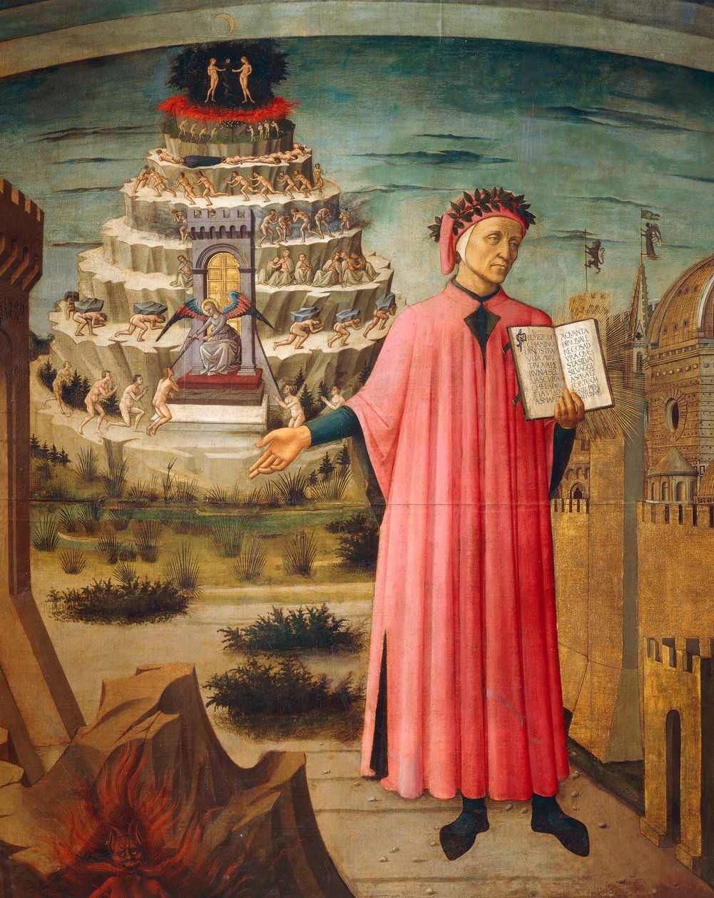 Dante Alighieri with Divine Comedy in his hand and mountains of purgatory in background (detail) by Domenico di Michelino