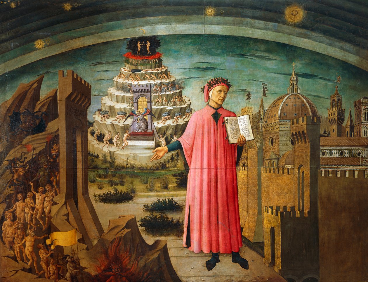 Divine Comedy, by Dante Alighieri, by Domenico di Michelino, fresco, Basilica of Saint Mary of Flower, Florence, Italy by Domenico di Michelino