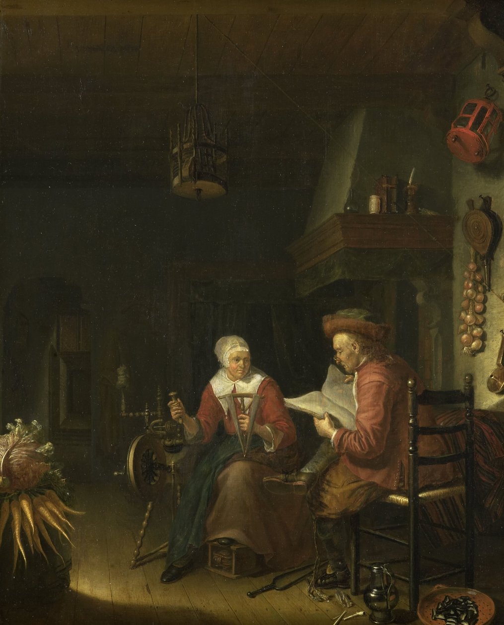 Interior with a Man Reading and a Woman Spinning Yarn by Domenicus van Tol
