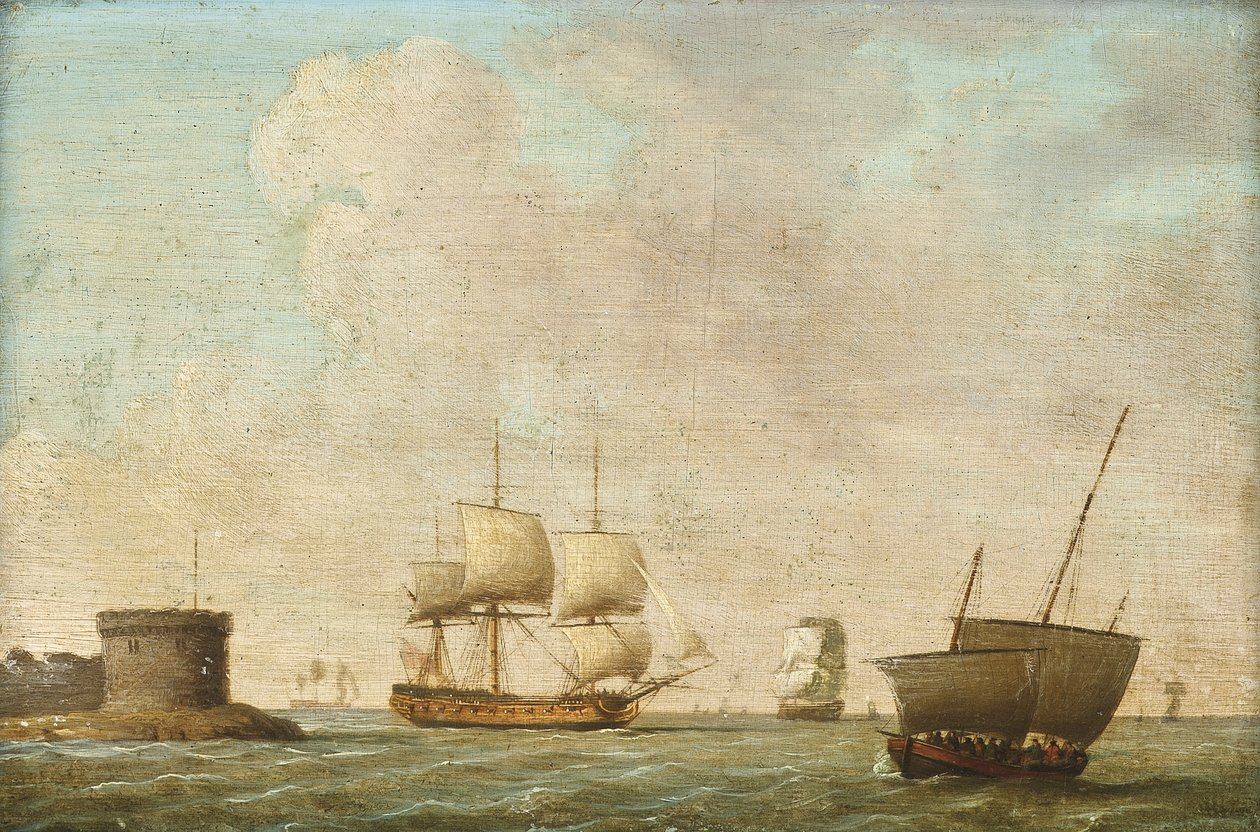 Frigate passing a crowded lugger by Dominic (attributed to) Serres