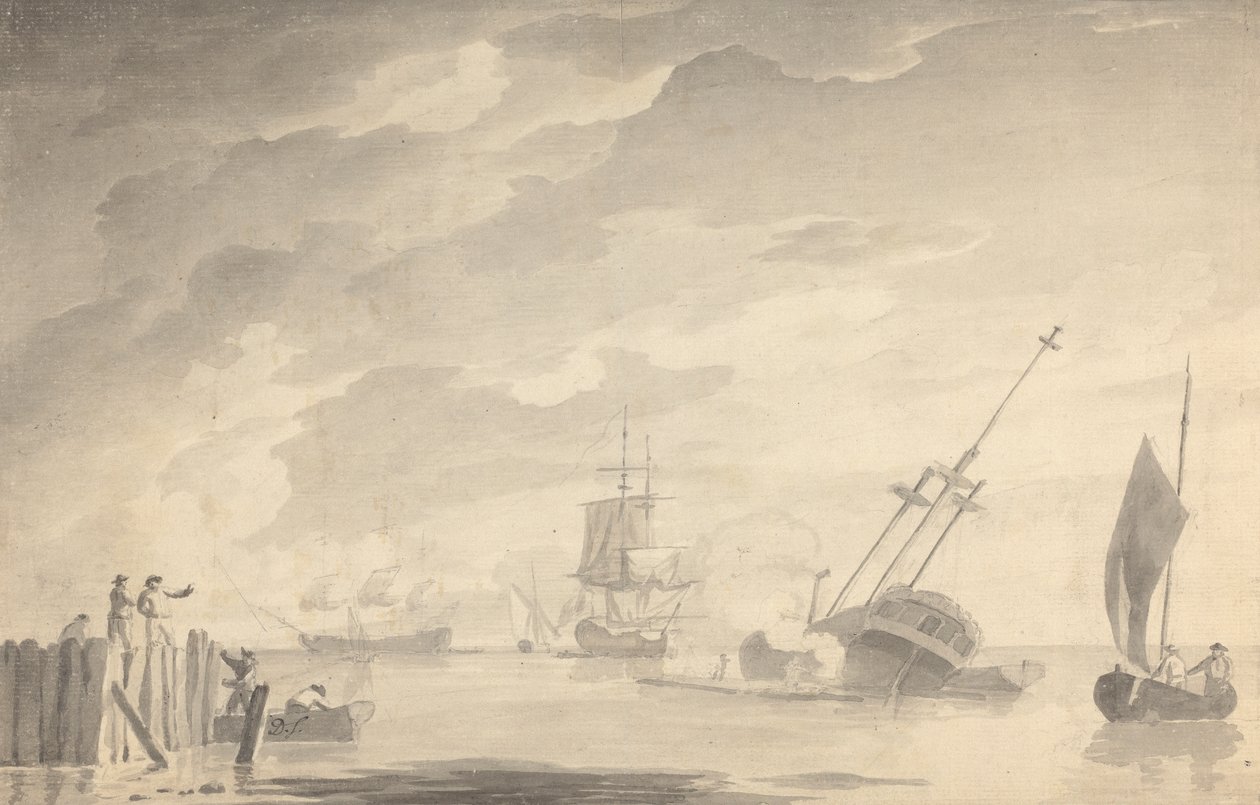 Battle Scene, Three Battleships, One Sinking; Figures on Left in Rowboat and Standing Pier by Dominic Serres