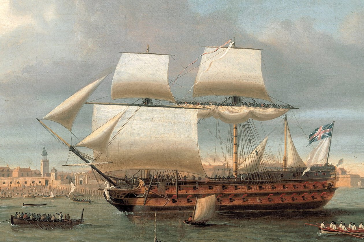 Foudroyant and Pégase Entering Portsmouth Harbour, 1782 by Dominic Serres