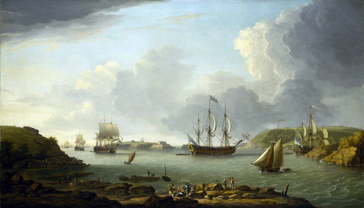 Return of a fleet to Plymouth, description of the city and the bay, including Drake Island and Edgcumbe Mountain by Dominic Serres
