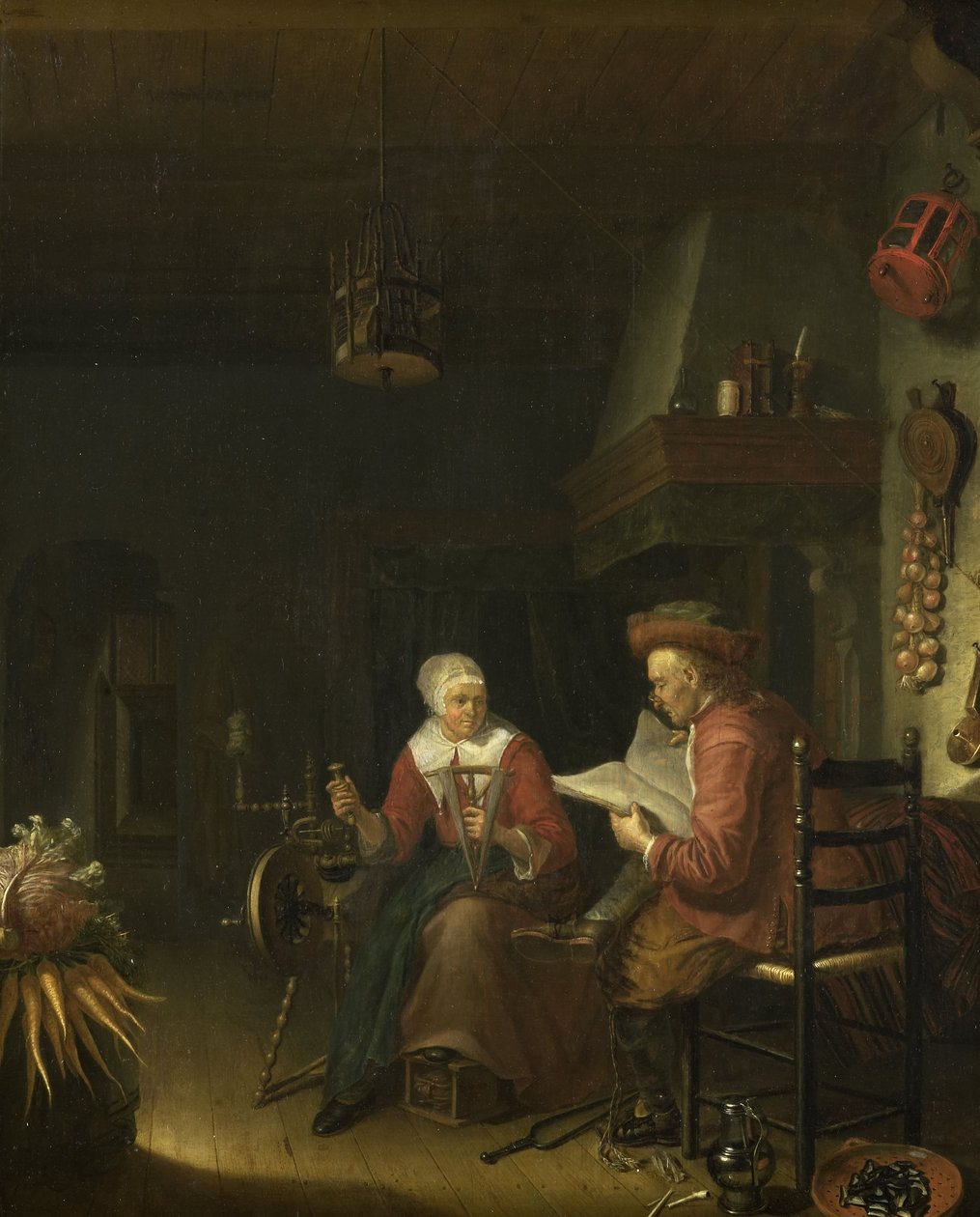Interior with a Man Reading and a Woman Spinning Yarn by Dominicus van Tol