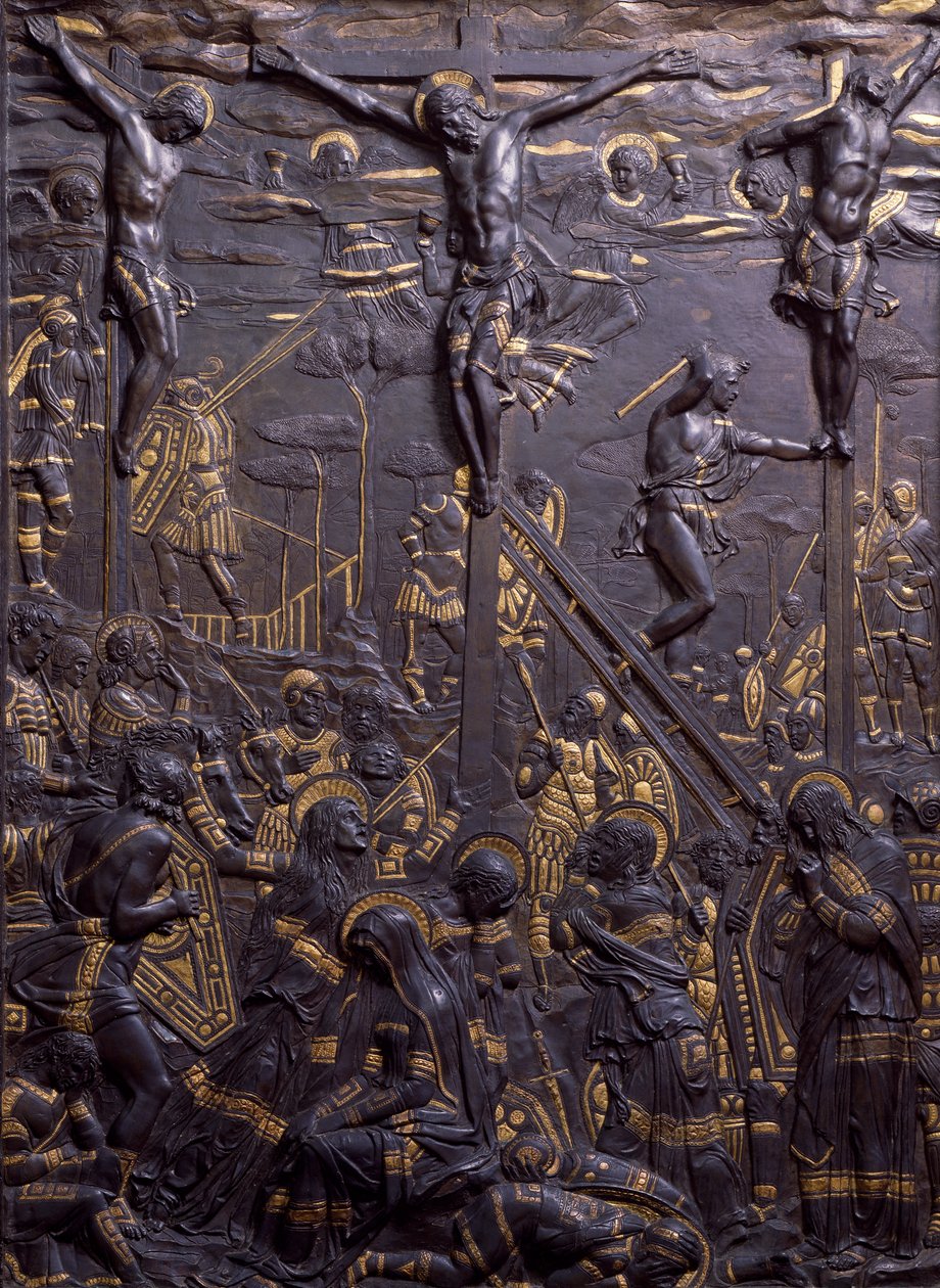 Crucifixion of Christ, by Donatello, damascened bronze relief, Italy by Donatello