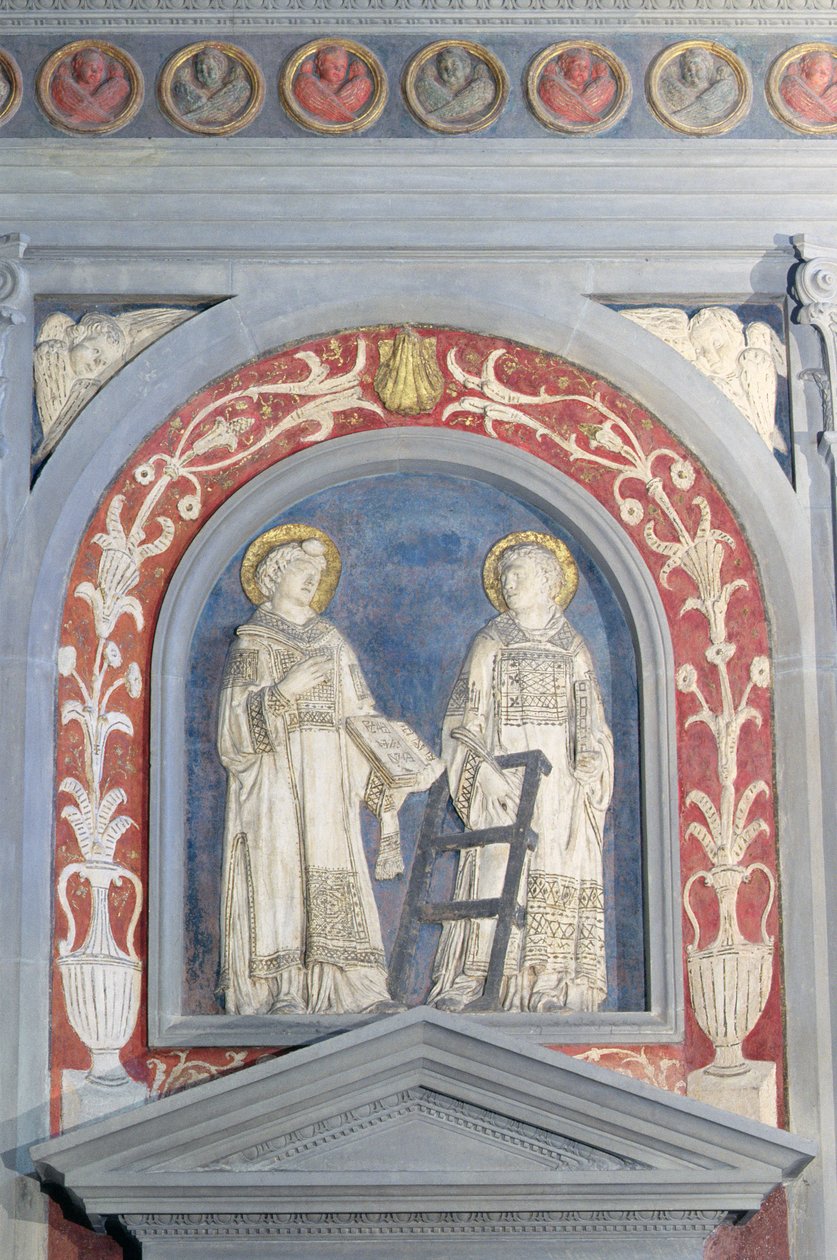 St. Lawrence and St. Stephen, low relief sculpture above the north door, c.1440 by Donatello