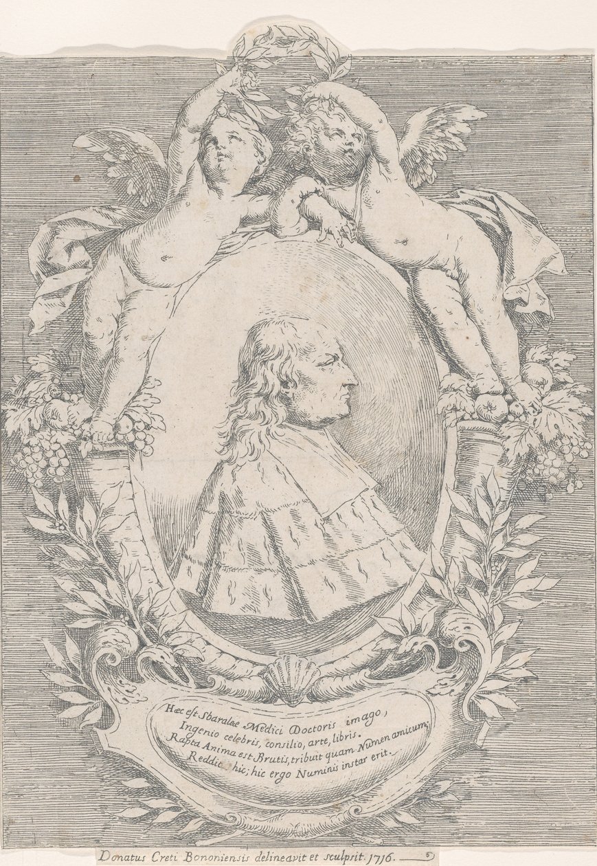 Portrait of Giovanni Girolamo Sbaraglia, within an oval flanked by two putti on cornucopia by Donato Creti