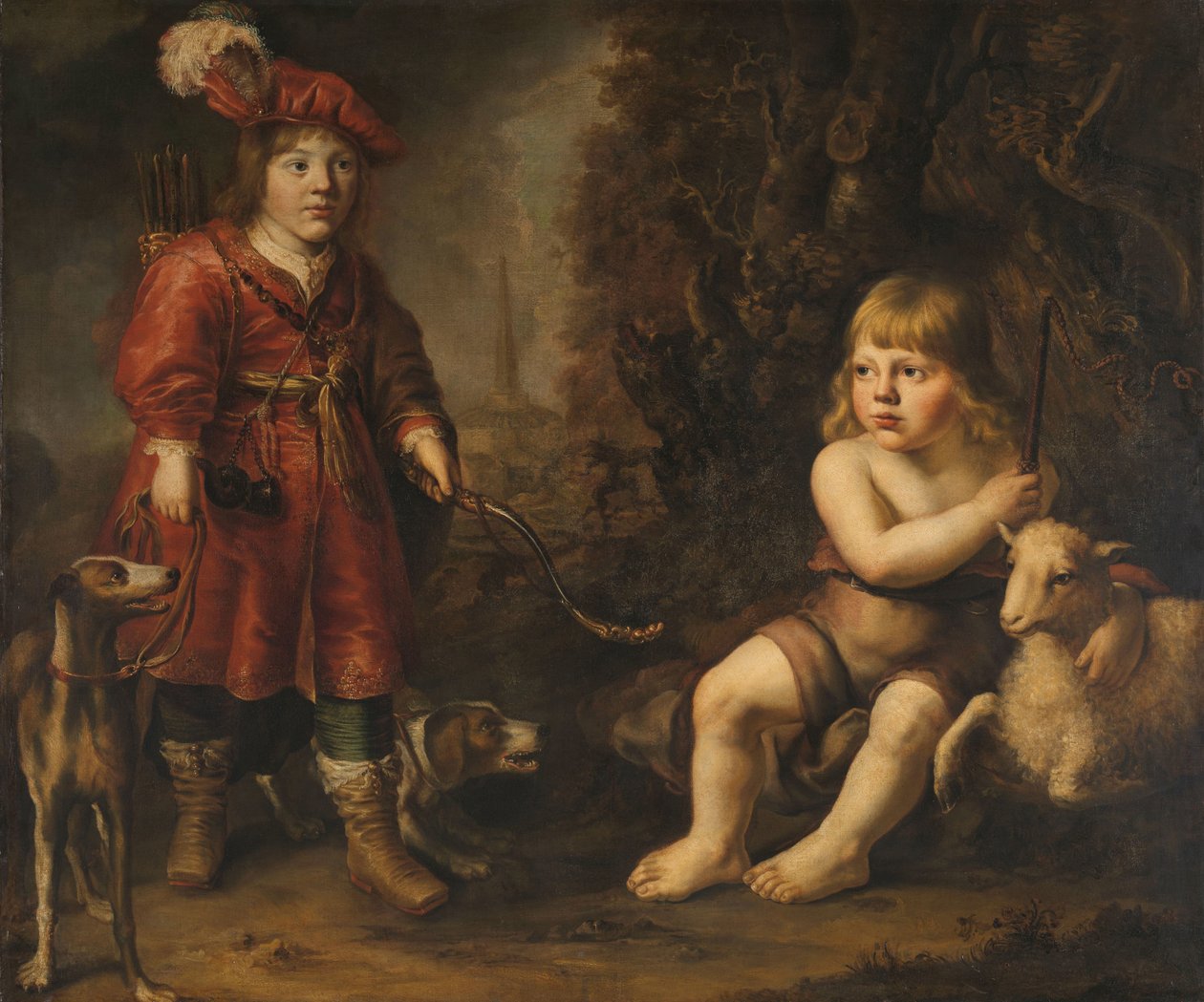Portraits of Two Boys in a Landscape, One Dressed as a Hunter, the Other as St. John the Baptist by Douwe Juwes de Dowe