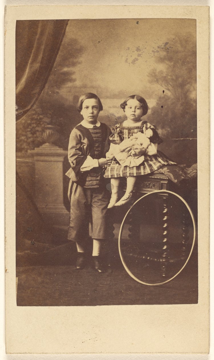 Unidentified Little Boy Standing Next to an Unidentified Little Girl Seated on a Table, a Large Hoop Resting on a Table Leg by Désiré Durand