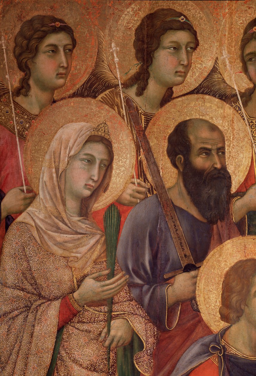 Virgin and child on the throne, detail with Saint Catherine of Alexandria and Saint Paul (detail) by Duccio di Buoninsegna