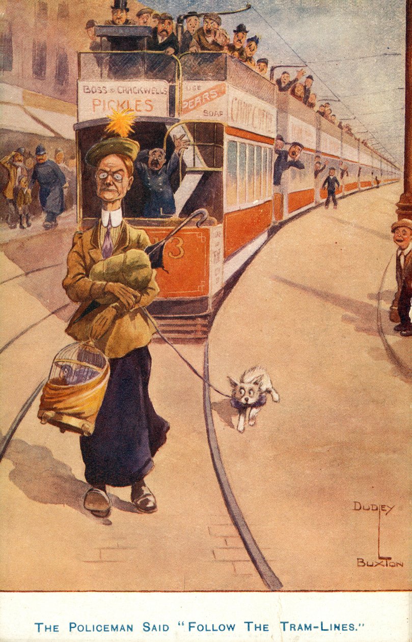 Woman Holding Up a Tram as She Walks Her Dog by Dudley Buxton