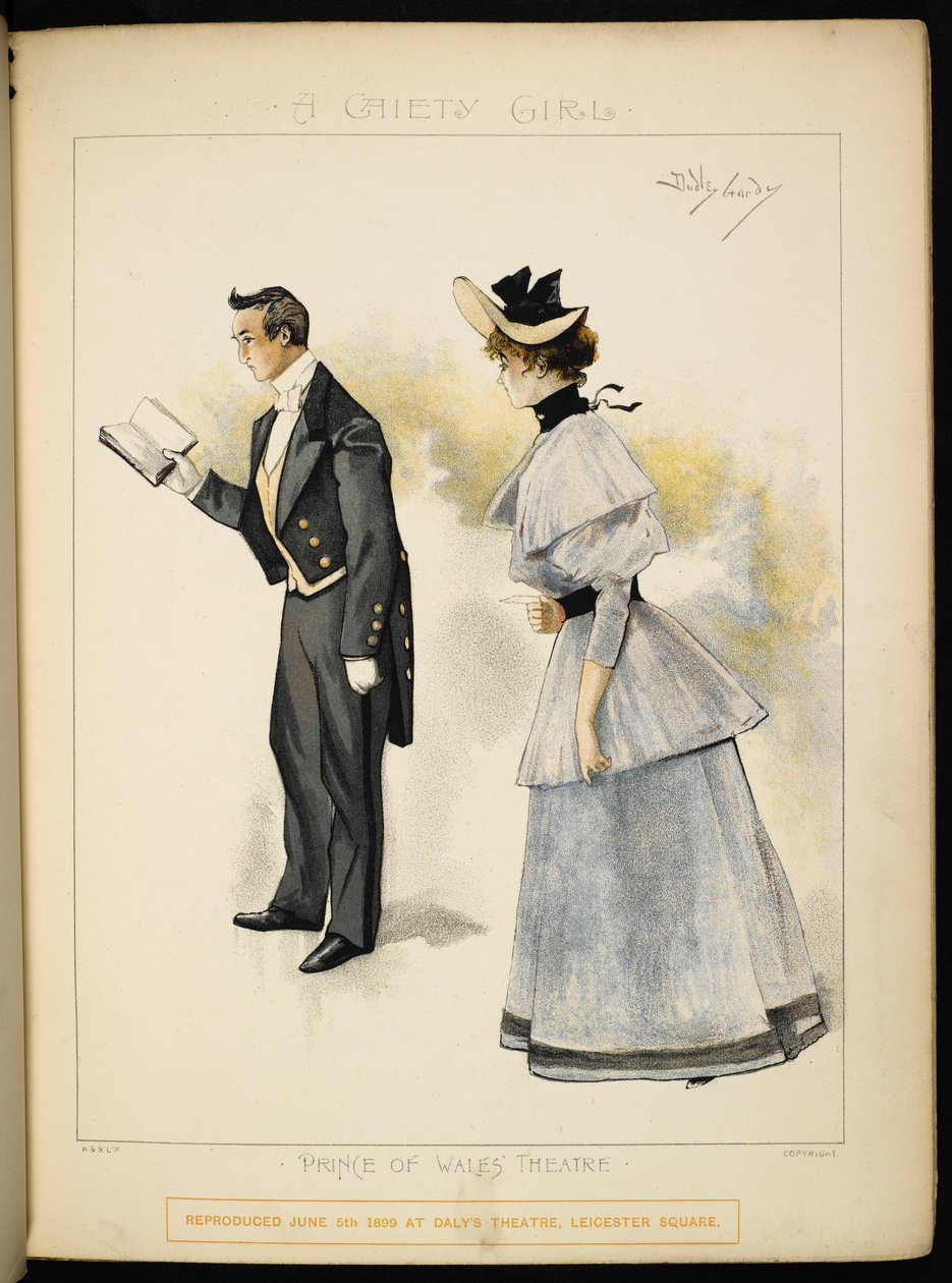 Two characters. A man reading a book and a lady by Dudley Hardy