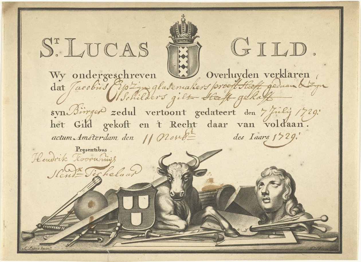 Receipt from the Guild of Saint Luke in Amsterdam to the glazier James Cip, 1729 by Dutch School