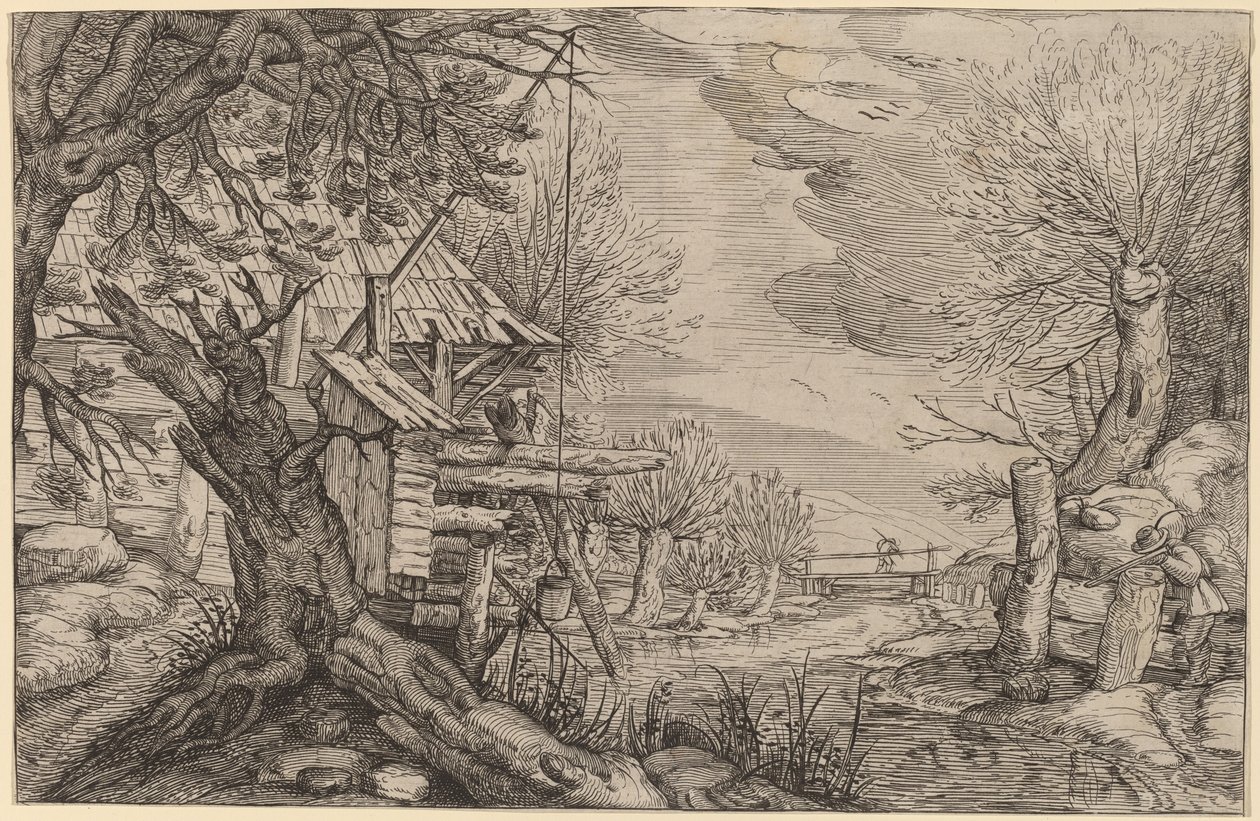 Landscape with Log House near a River by Dutch 17th Century, formerly Jacques de Gheyn II
