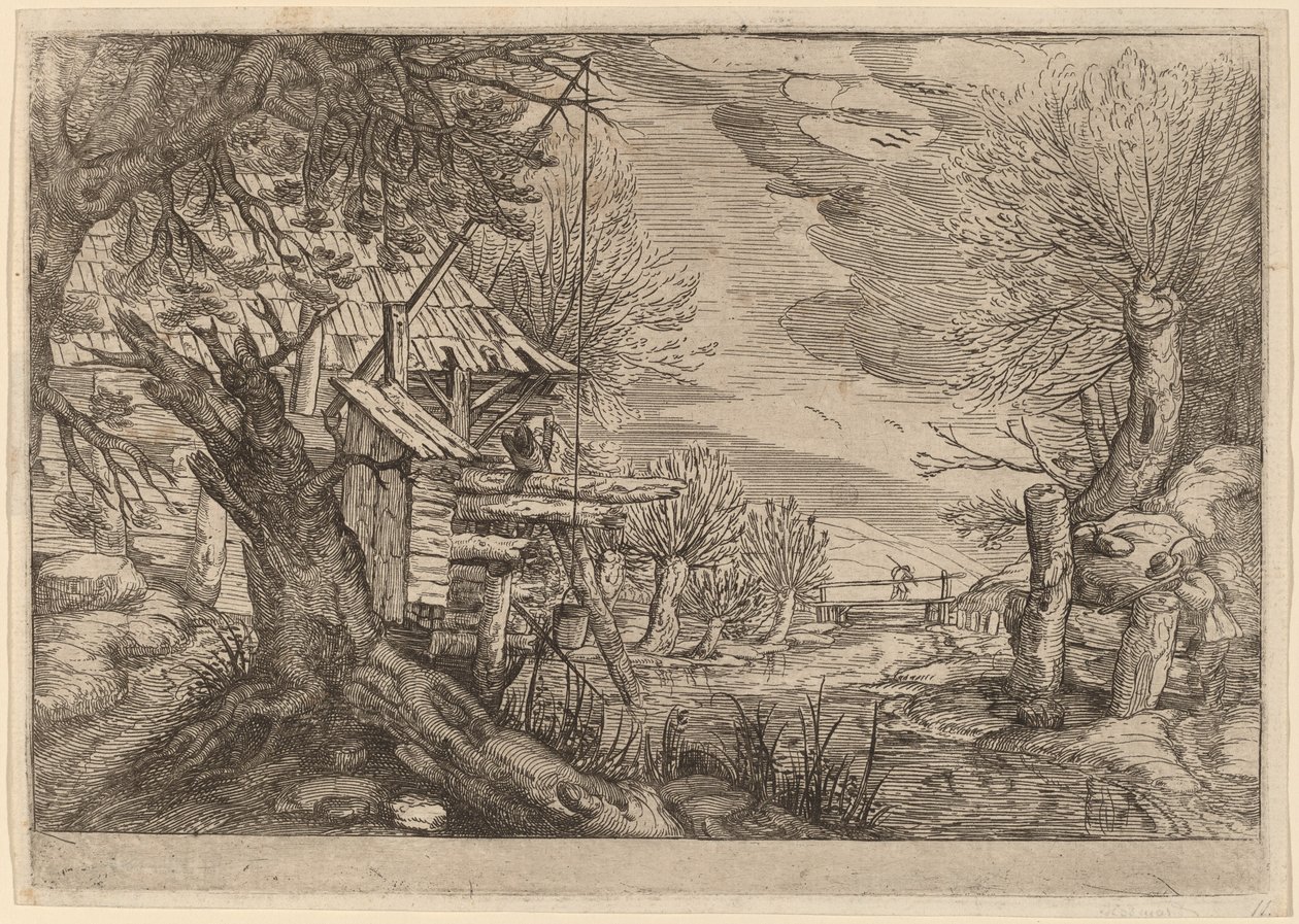 Landscape with Log House near a River by Dutch 17th Century, formerly Jacques de Gheyn II