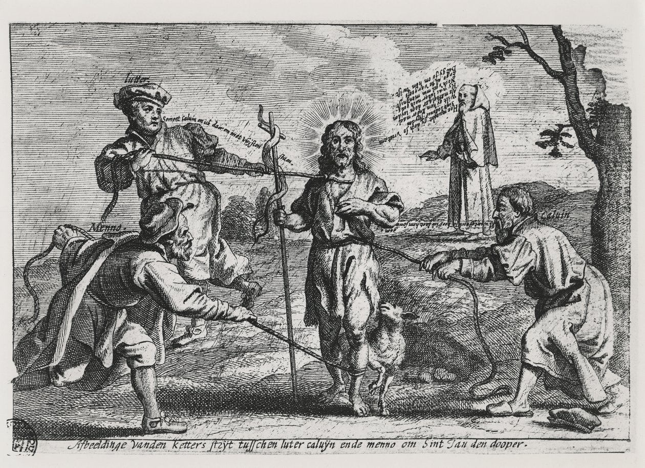 Caricature of Luther, Calvin and Menno Simons disputing Christ and his teaching by Dutch School