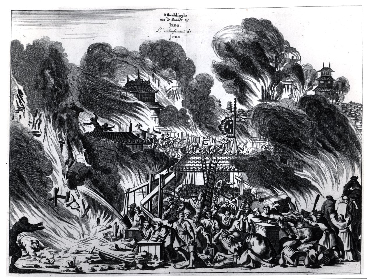 Great Fire in Yedo (Tokyo) in the 17th century, illustration from the account by Arnold Montanus of embassies sent by the Dutch East India Company to the Emperor of Japan, published in Amsterdam 1680 by Dutch School