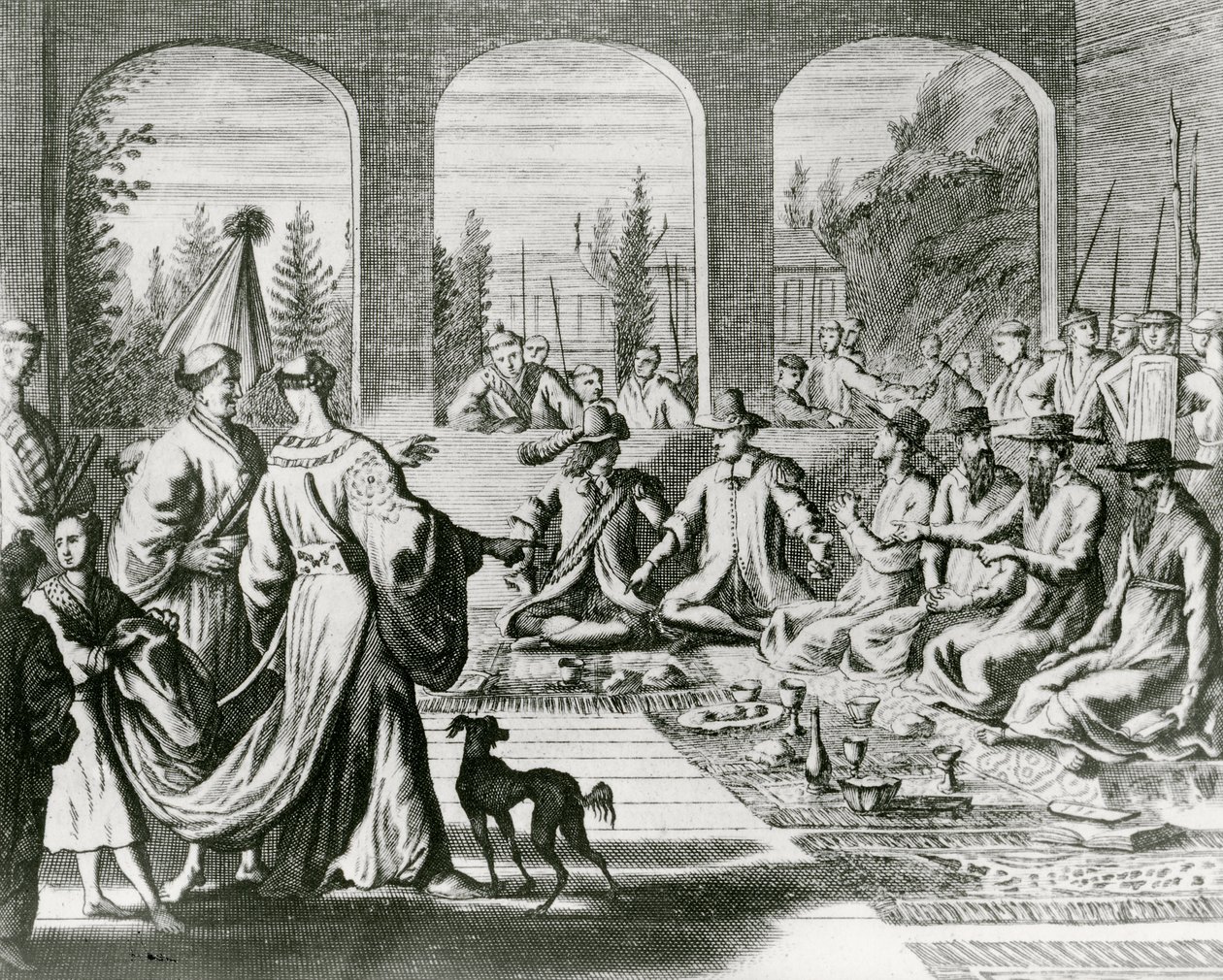 Jesuits with Dutch and Portuguese merchants at the Japanese court (engraving) by Dutch School