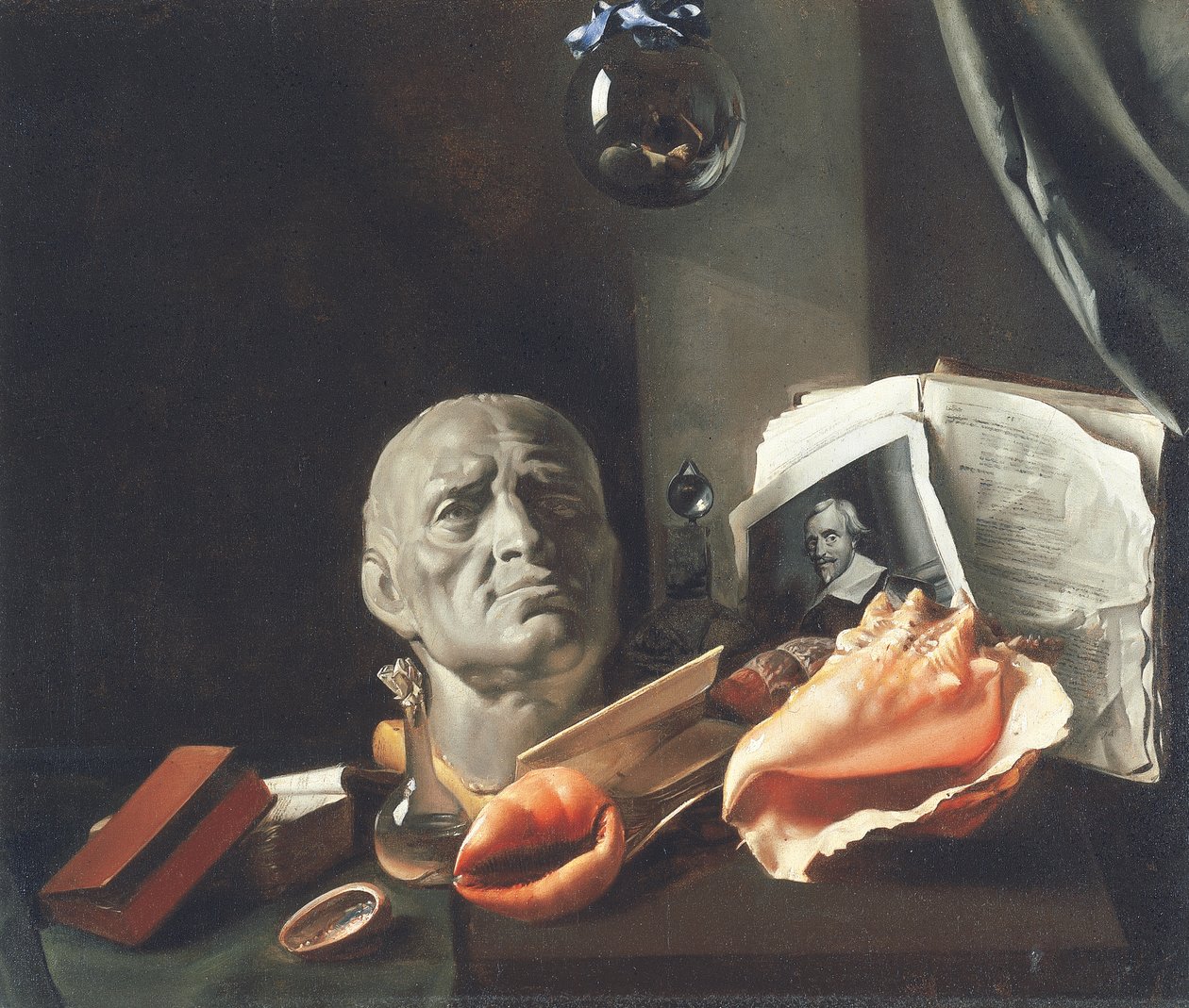 Vanitas still life with a bust, seashells, books and glass flasks by Dutch School