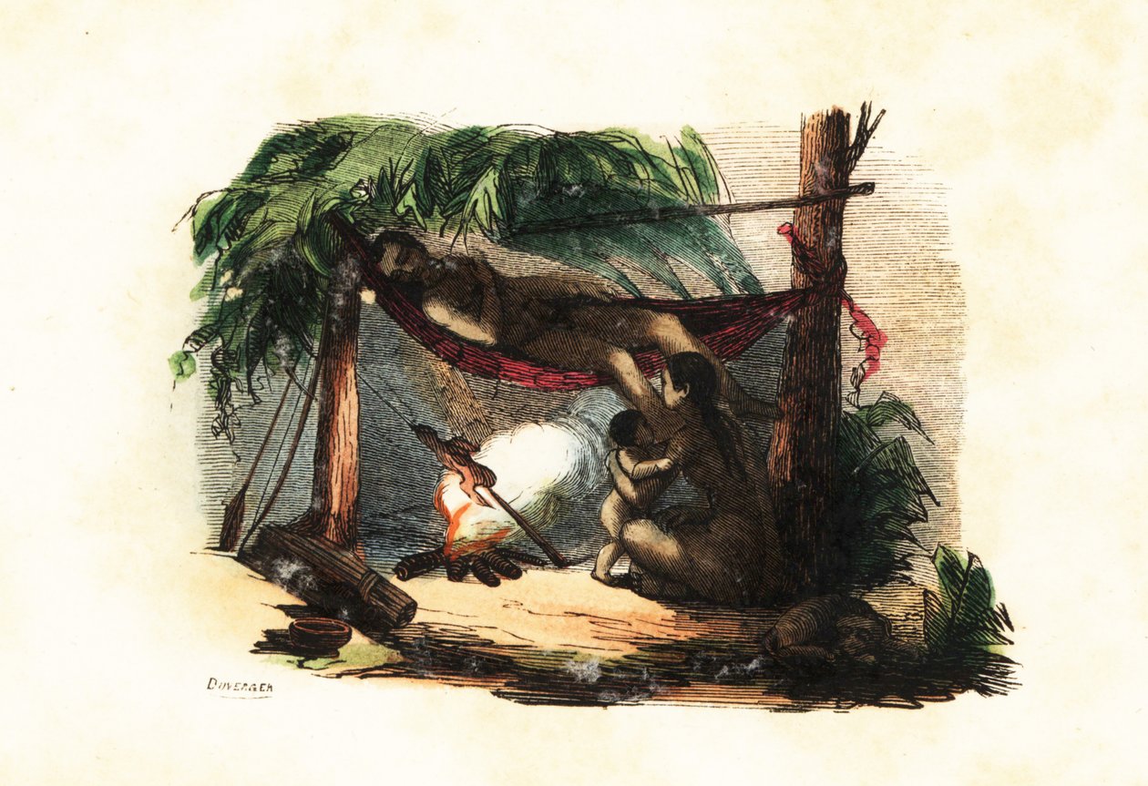Nomadic Puri family relaxing in a hut made of leaves and branches, man lying in hammock, woman roasting meat on a fire by Duverger Duverger