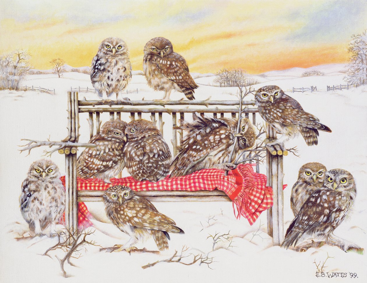 Little Owls on Twig Bench, 1999 by E.B. Watts