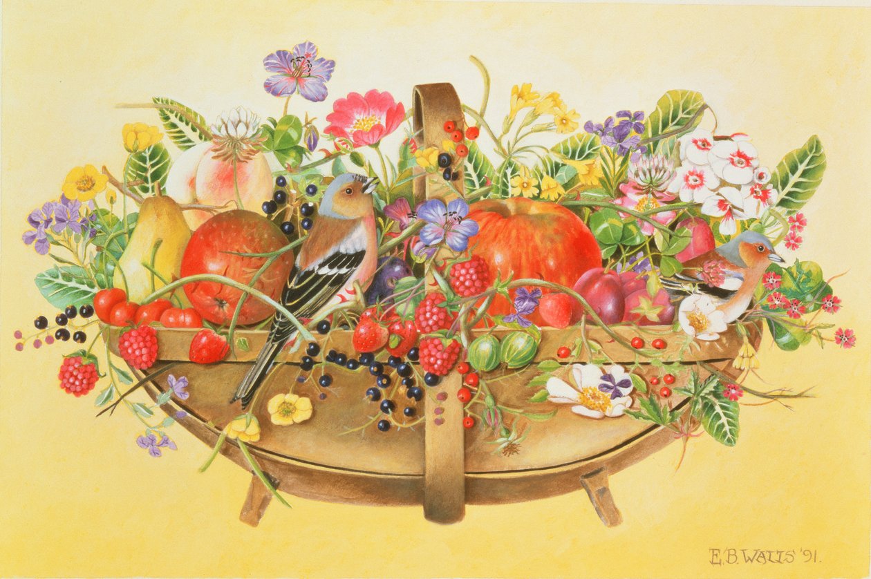 Trug with Fruit, Flowers and Chaffinches, 1991 by E.B. Watts