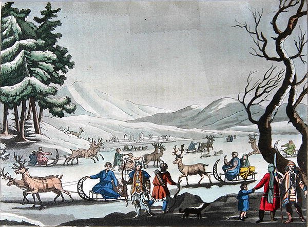 Tungus Leaving Their Winter Camp on Sleighs Pulled by Reindeer by E. (after) Karnejeff