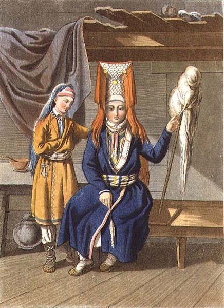Votyak Women Spinning, engraved by Jegor Skotnikoff (1782-1843) by E. (after) Karnejeff