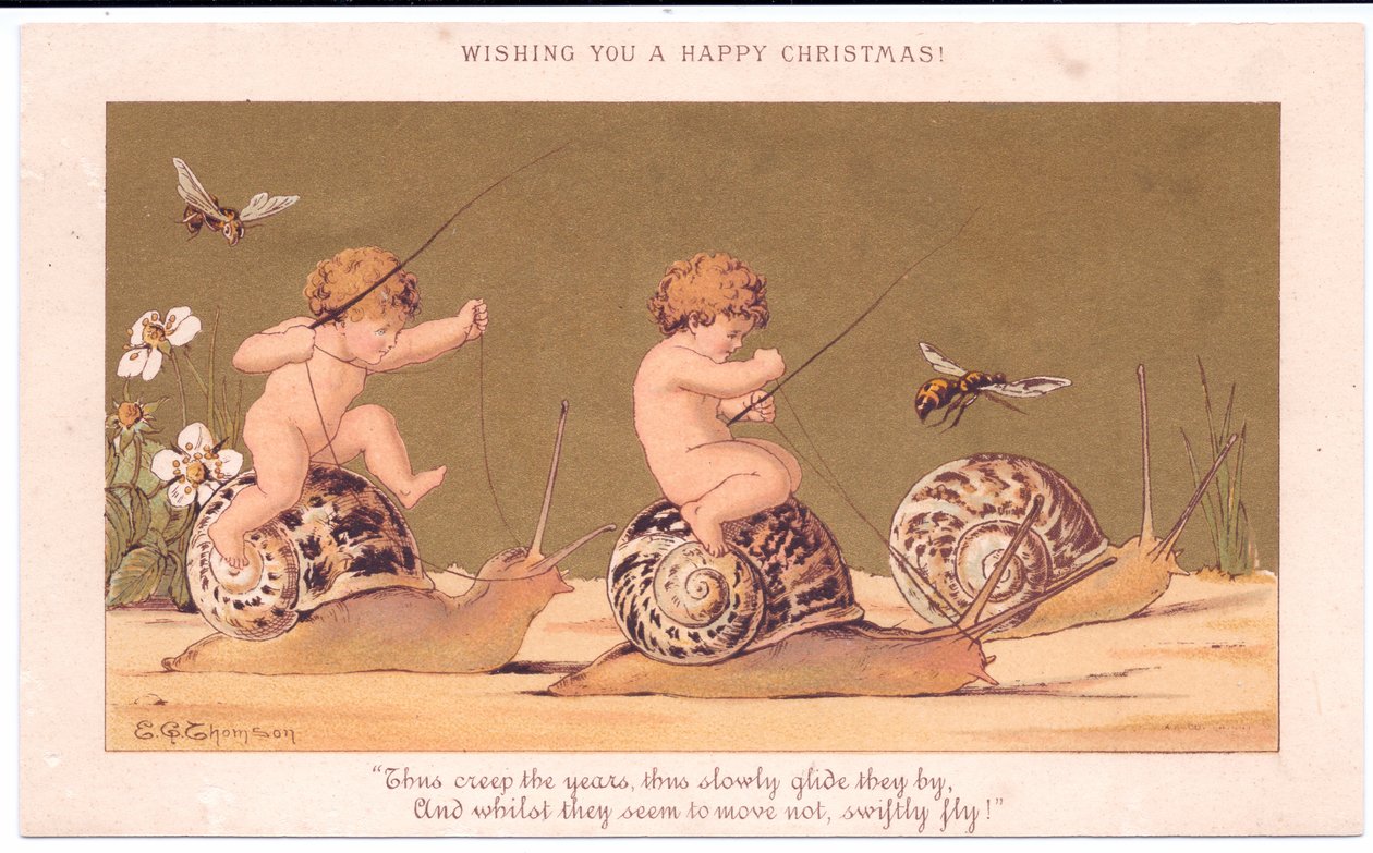 A Victorian Christmas card of two naked babies riding snails escorted by wasps against a gold background by E. Gertrude Thompson
