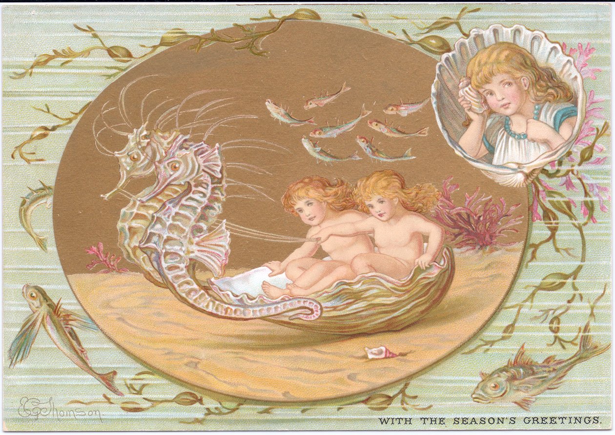 A Victorian Christmas card of two water babies riding in a seashell chariot pulled by a pair of seahorses, all surrounded by seaweed and fish. Also a child, framed in a scallop shell, with a seashell to her ear, listening for the sea, by Gertrude Thompson by E. Gertrude Thompson