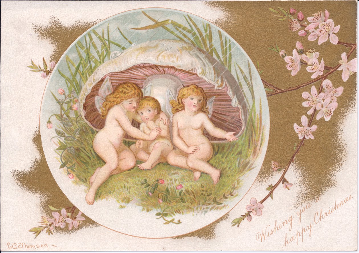 A Victorian Christmas of a group of fairies taking shelter from the rain under a toadstool, by Gertrude Thompson by E. Gertrude Thompson