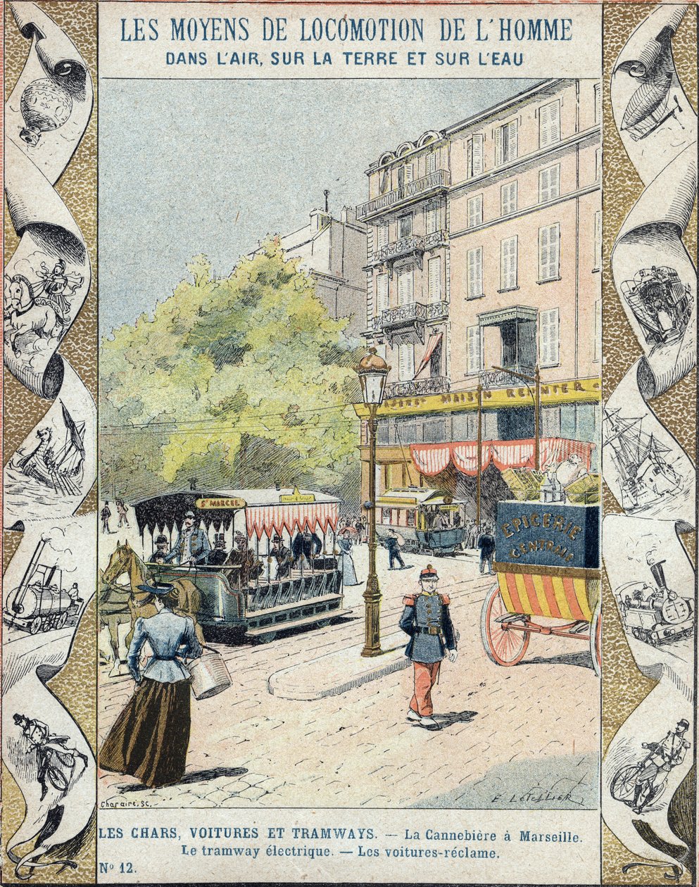 La Canebiere in Marseille - the electric tram - the cars reclaim - illustration by E Letellier - Protect historical notebook, end of 19th century by E. Letellier
