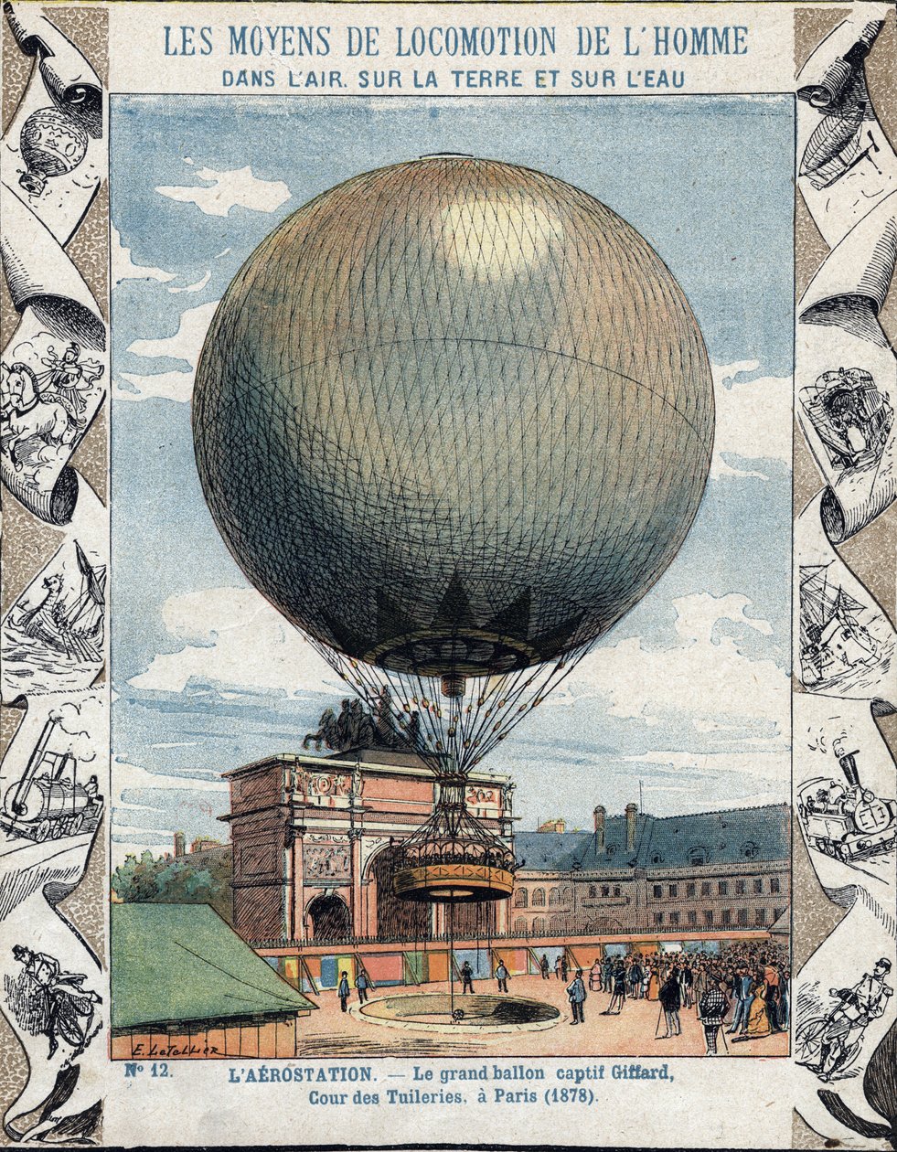 Operation of inflation and equipment of the captive balloon of Henry Giffard at the Tuileries in Paris 1878 - From a protective sleeve for school books, late 19th century - illustration by E Letellier by E. Letellier