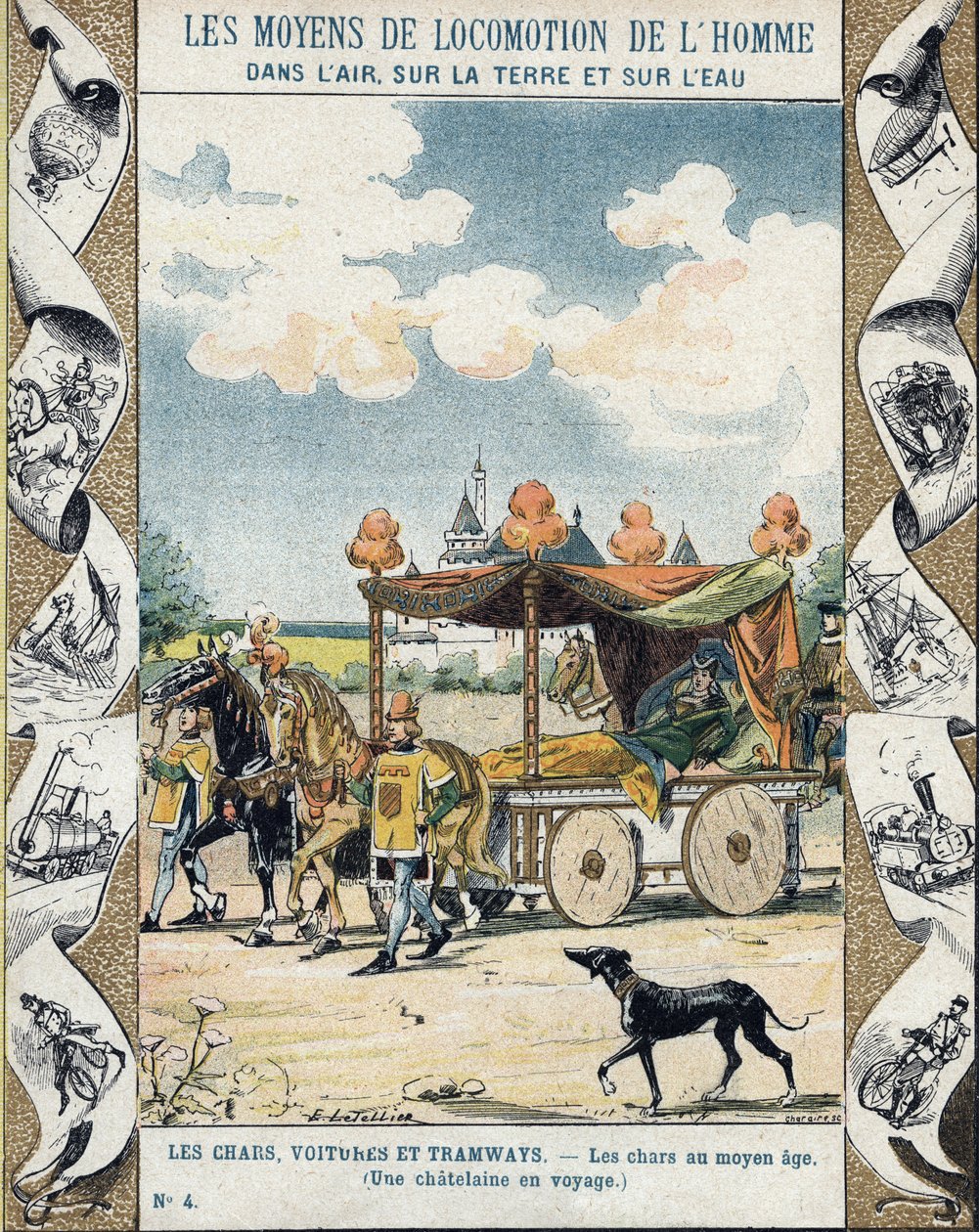 Tanks in the Middle Ages - A Chatelaine en voyage - illustration by E Letellier - Protects historical notebook, late 19th century by E. Letellier