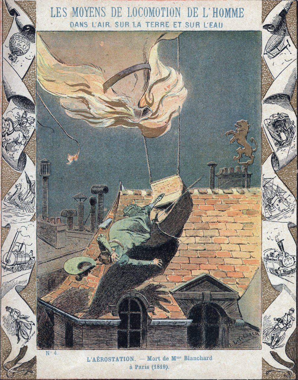 The death of Marie Blanchard, wife of aeronaut Jean Pierre Blanchard, when her balloon caught fire during a demonstration over Paris, 6 June 1819 - From a protective sleeve for school books, late 19th century by E. Letellier