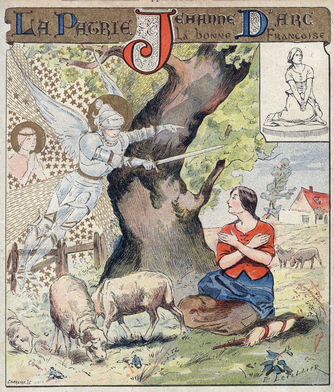 The young Joan of Arc (1412-1431) listening to the voice of angels asking her to come to the aid of France during the Hundred Years War - From a protective sleeve for school books, late 19th century by E. Letellier