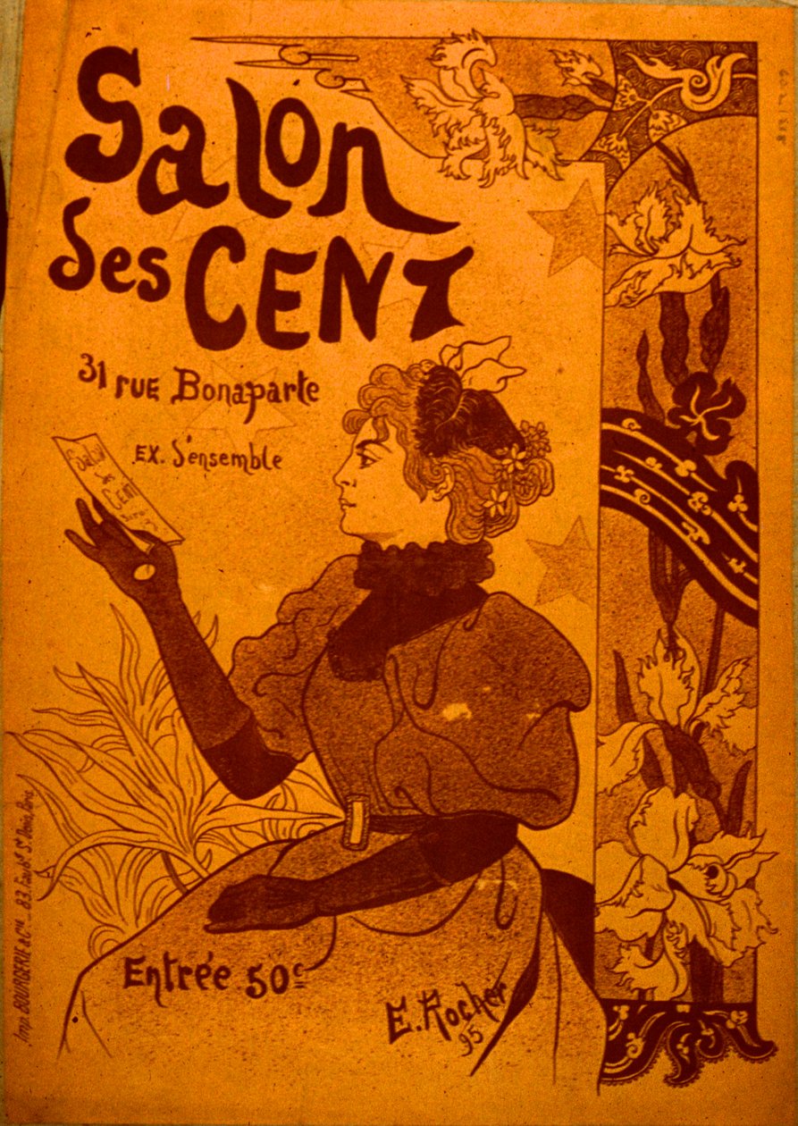 A woman examining an invitation, Salon des Cent by E. Rocher
