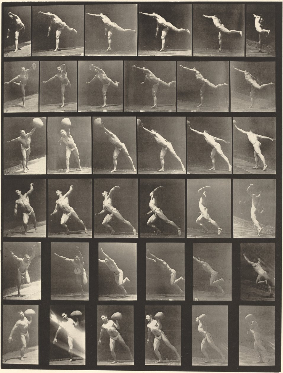 Plate Number 523. A: Striking a blow. B, E: Throwing disk. C, F: Heaving a 75-lb. Stone by Eadweard Muybridge