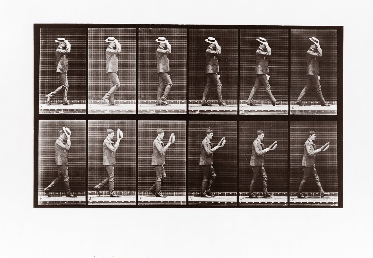 Man doffing his boater, Plate 44 from Animal Locomotion by Eadweard Muybridge
