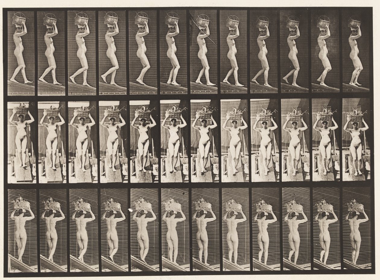 Descending Incline, 20-lb Basket on Head, Hands Raised by Eadweard Muybridge