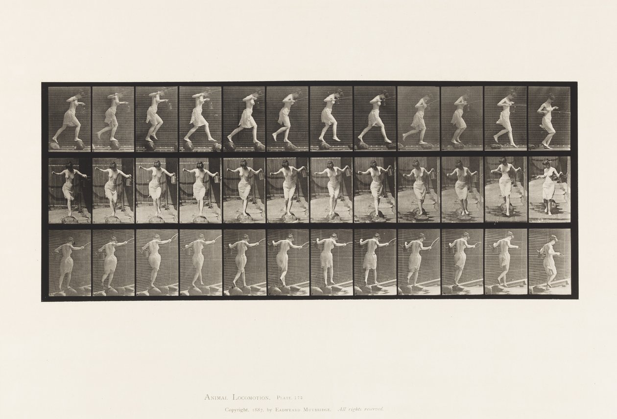 Crossing Brook on Step-Stones with Fishing Pole and Can by Eadweard Muybridge