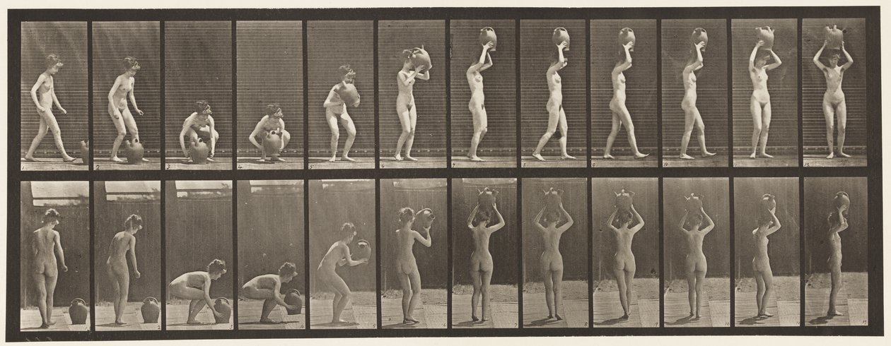 Plate 222. Stooping and Lifting Water Jar to Head and Turning by Eadweard Muybridge